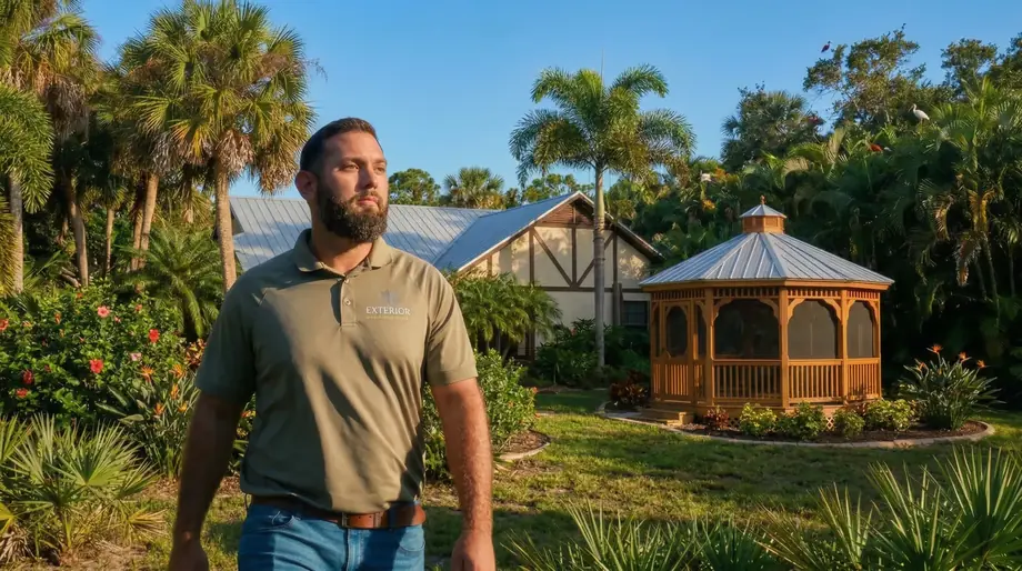 Custom aluminum gazebo with a solid roof in a Florida backyard
